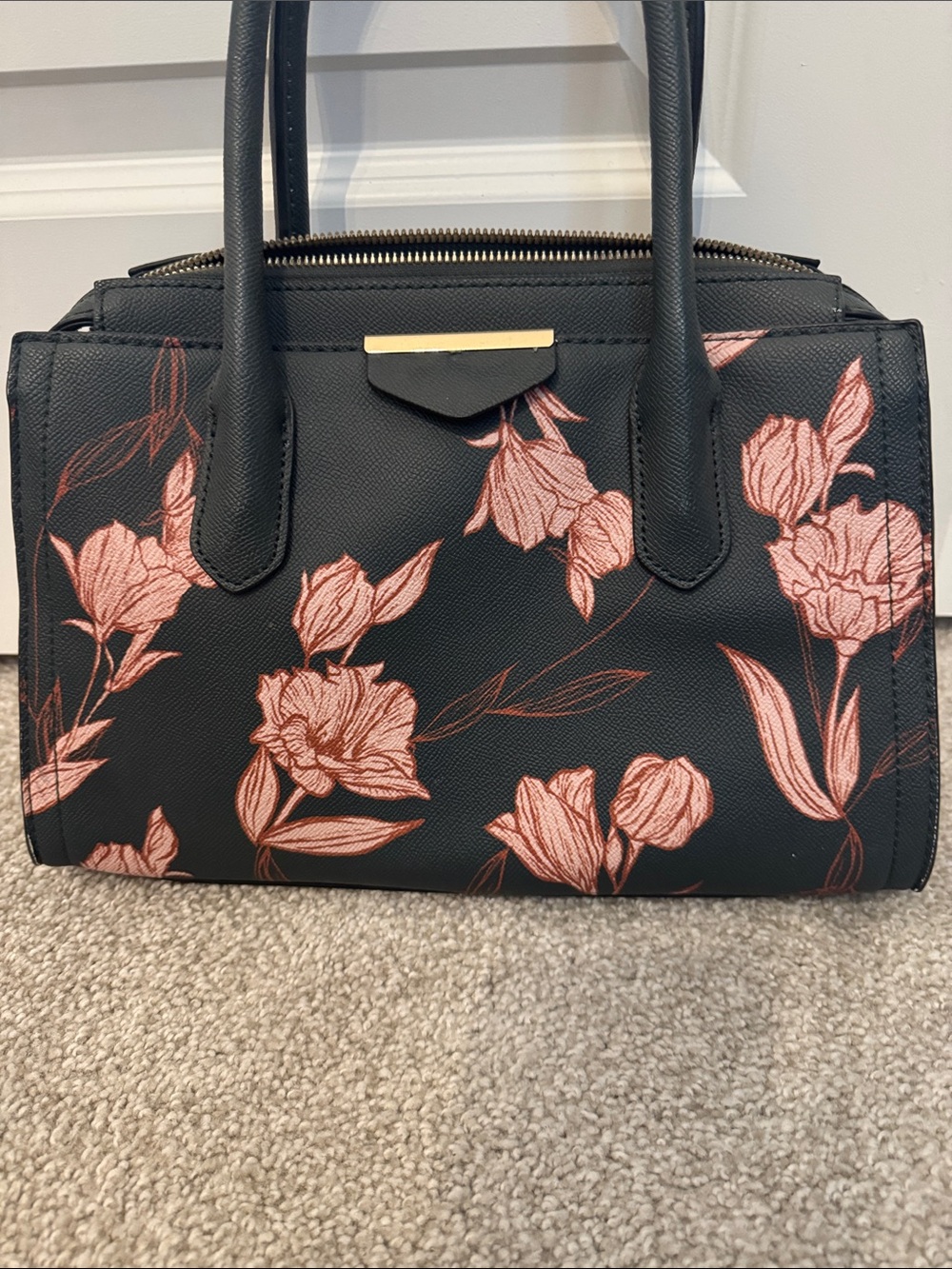 a new day Dark Green Satchel with Blush Pink Floral Print and Gold Accent - Picture 2 of 8